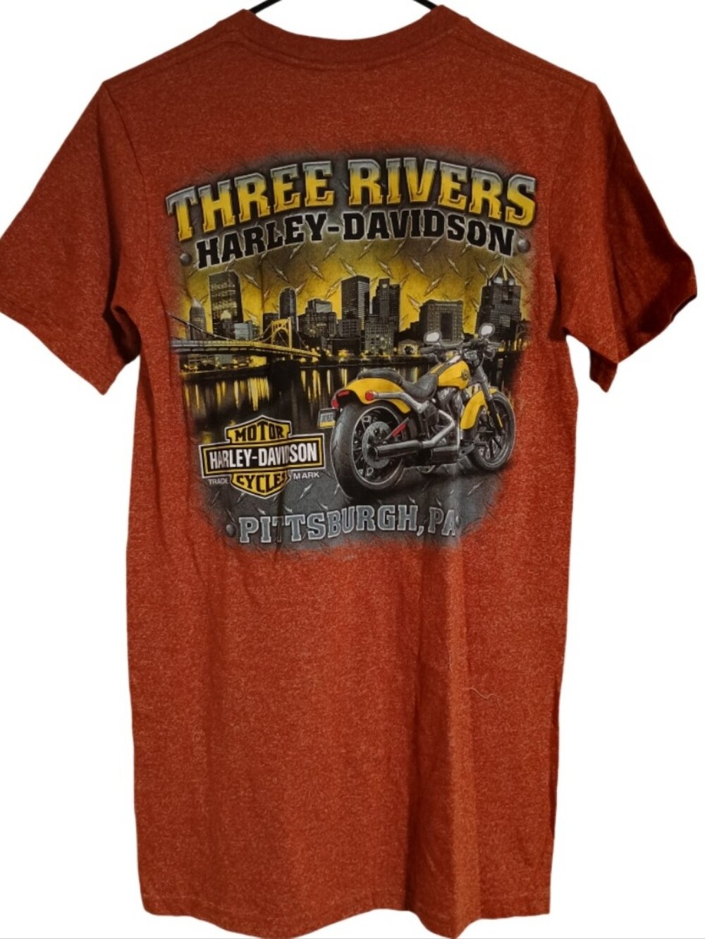 Harley Davidson Three Rivers Pittsburgh PA Graphic T Shirt Men’s Small Orange - Picture 2 of 4